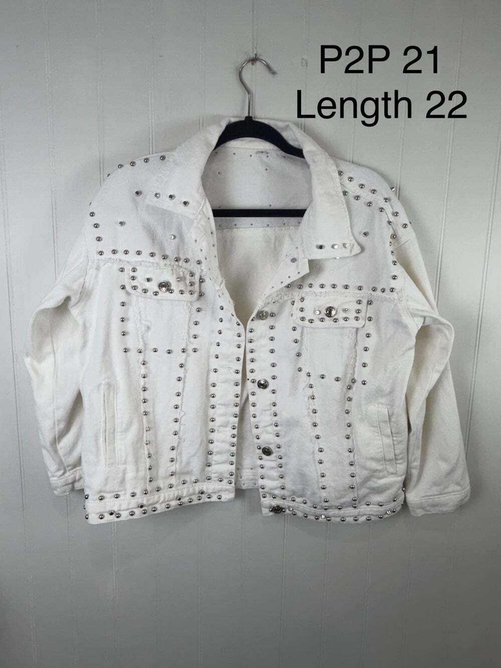 White Studded Denim Jacket | Western Glam Distressed Jacket | M/L - Picture 3 of 7